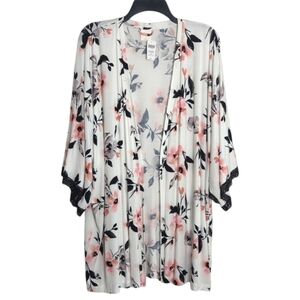 NEW Soma Lace Trim Wrap Topper Open Cardigan Soft Stretchy Ivory Floral  L